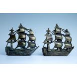 A set of brass bookends in the form of men-o-war ships, circa 1930s, 14 cm