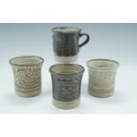 Owen Thorpe, Priestweston Pottery, four mugs commemorating the "Montgomery 750th Charter, 1227 -