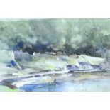 Bryan Knutton (Contemporary) Watercolour of a rural village by water, signed by artist, double
