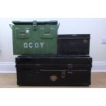 A Victorian steel cabin trunk, a deed box, and a 1941 ammo box, trunk 45 x 75 x 31