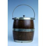 A late 19th / early 20th Century electroplate mounted coopered oak biscuit barrel, 16 cm excluding