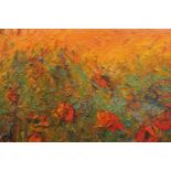 June Bennett (1935-2013) "Golden Meadow: Poppies and Trees", a bold, rhythmic, sunset landscape, oil