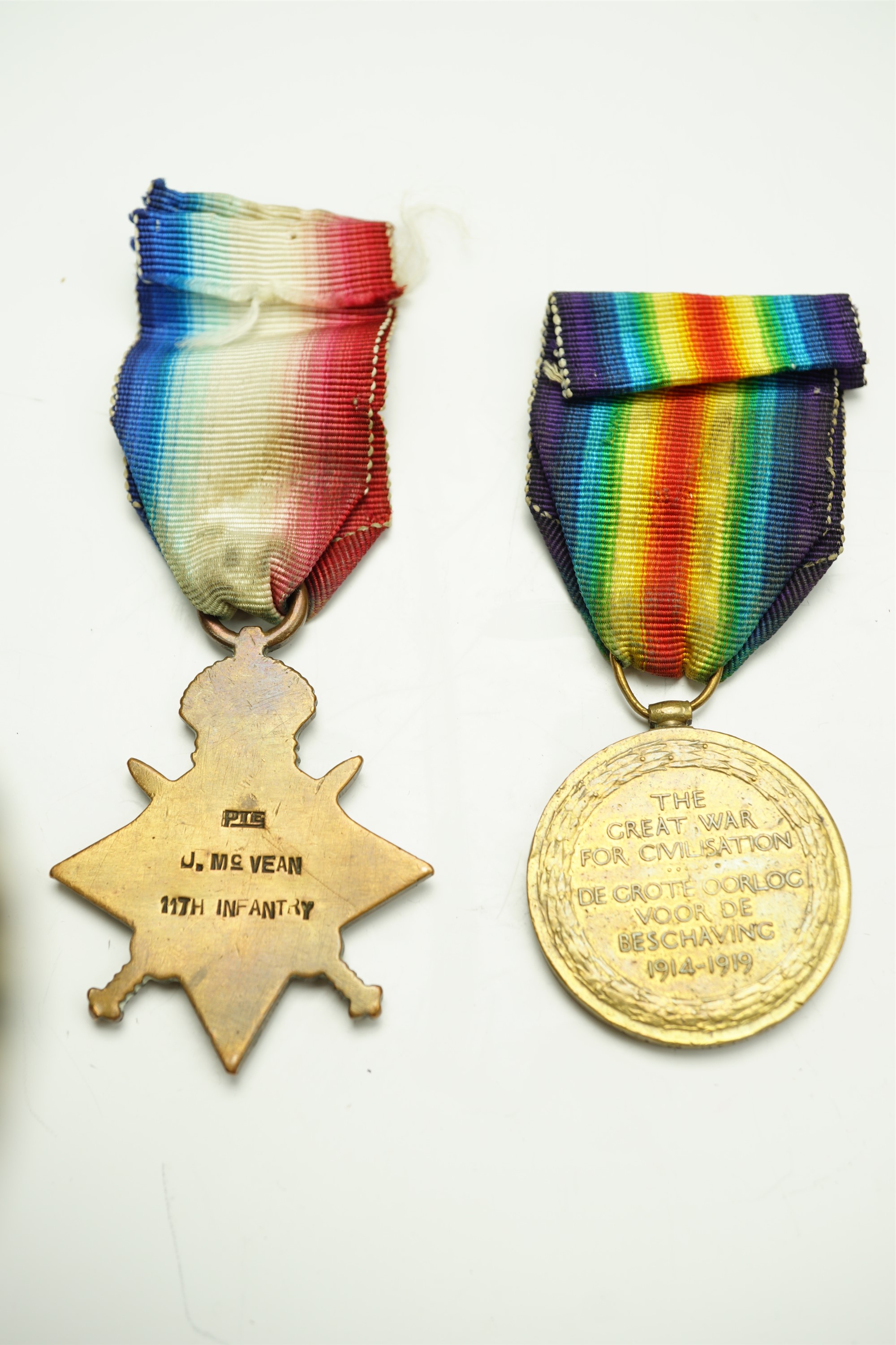 A 1914-15 Star and Victory Medal to Pte J McVean, 11th Infantry / Sjt J McVean MTC. [South Africa, - Image 2 of 3