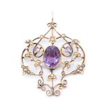 A Belle Epoque amethyst and seed pearl 9 ct gold pendant, the central oval amethyst (11 x 8 mm),