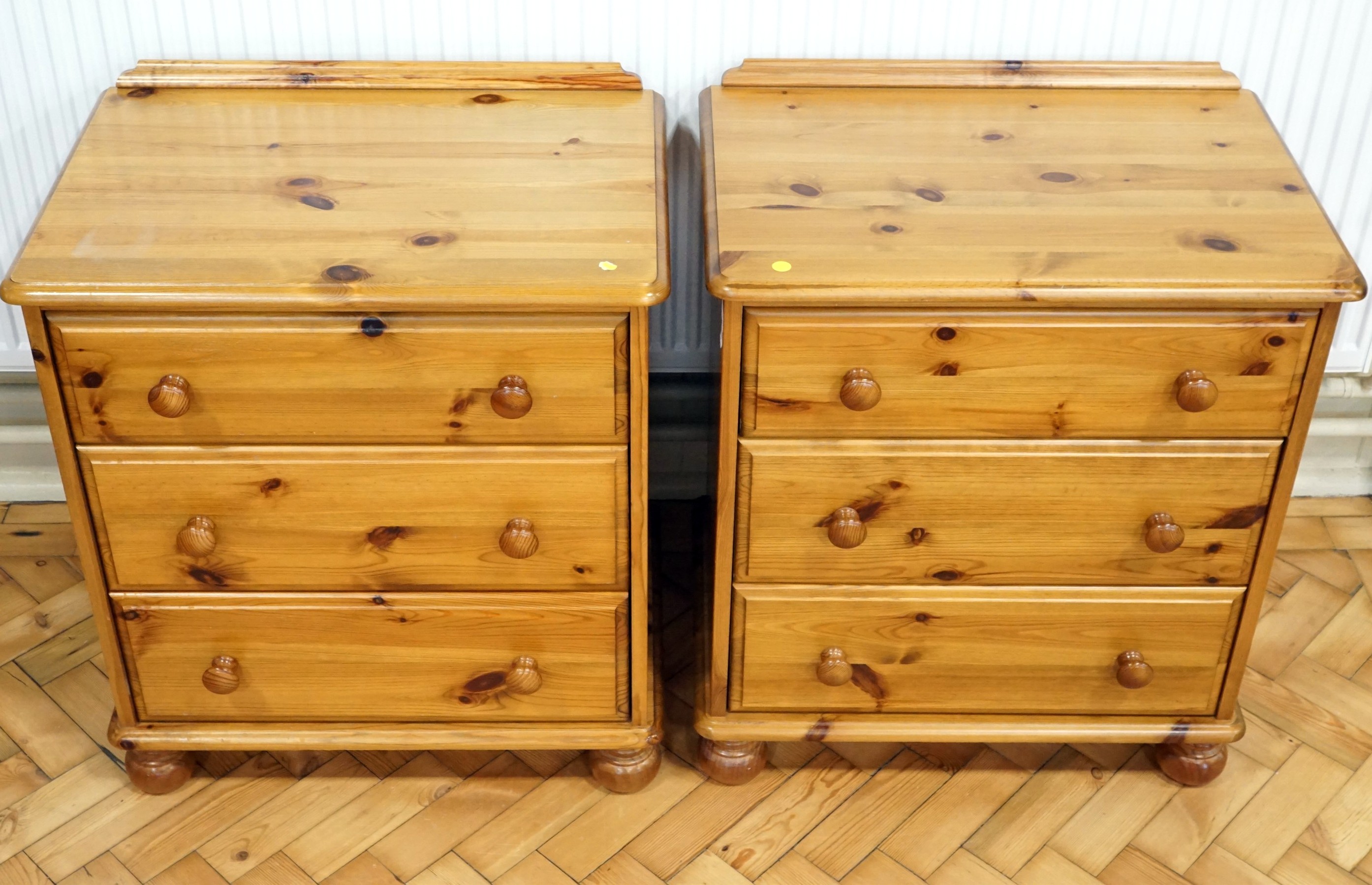 A pair of late 20th Century pine three-drawer bedside or similar chests, 67 cm x 46 cm x 77 cm high - Image 2 of 2