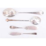 An Edwardian silver trumpet vase, a trefid spoon, a Hanoverian pattern spoon, and two butter knives,
