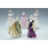 Five Royal Doulton figurines comprising two Michael Doulton ladies "Sharon" signed by the