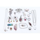 A large group of white metal , amber, semi-precious gem-set and other jewellery including a Danish