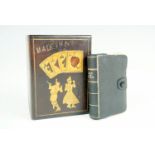 A novelty playing cards case in the form of a Bible, together with a marquetry wooden playing