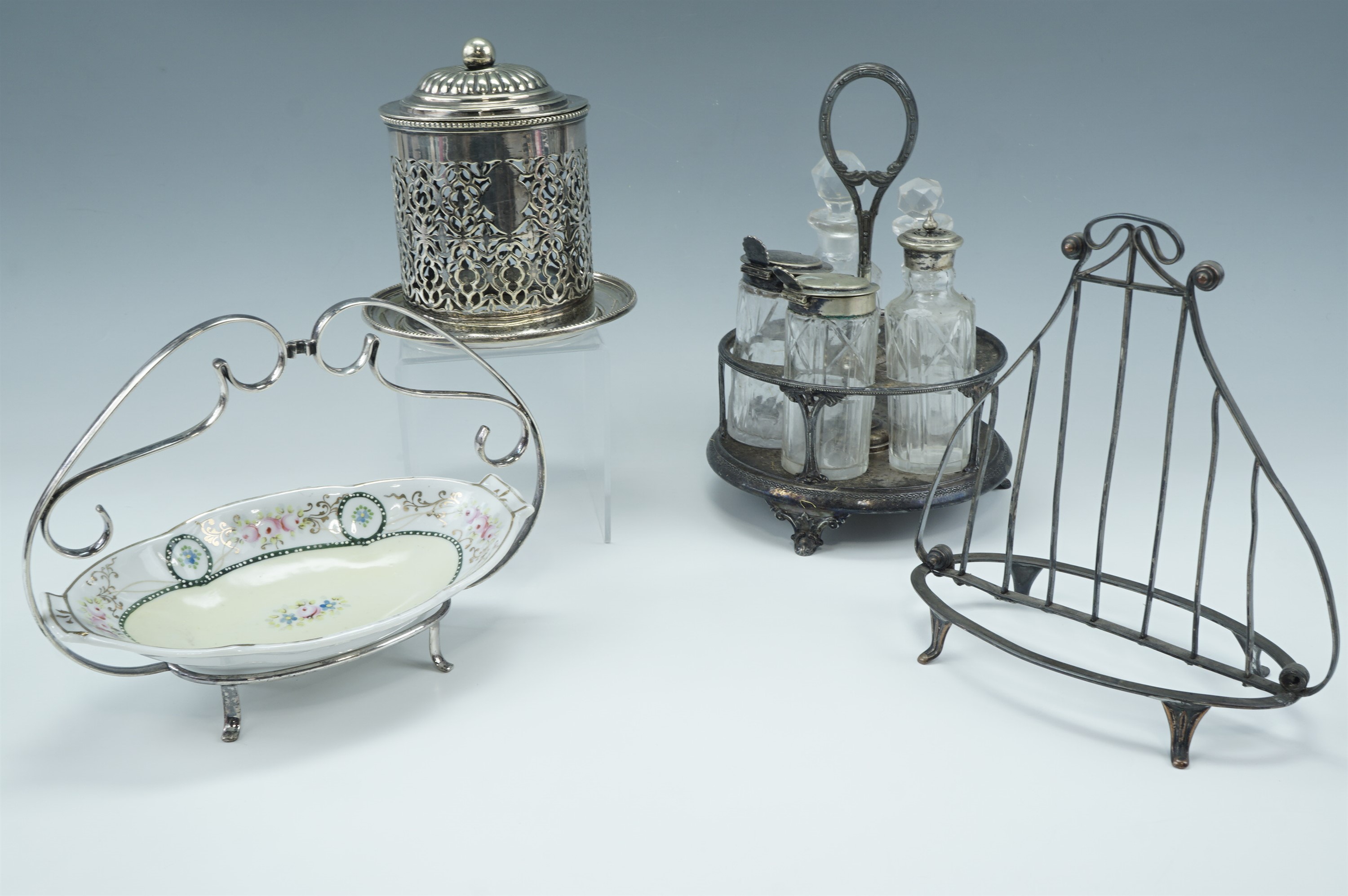 A Victorian electroplate and glass cruet set, together with a group of electroplate including a