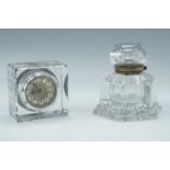 A Victorian brass mounted glass inkwell, together with a glass boudoir clock, inkwell 10 cm