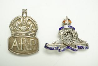 A Royal Artillery enamelled and marcasite-set sweetheart brooch, circa 1940s, together with silver
