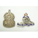 A Royal Artillery enamelled and marcasite-set sweetheart brooch, circa 1940s, together with silver