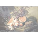 A still life of fruit, oil on canvas, signed S S Chan, framed, 80 cm x 64 cm