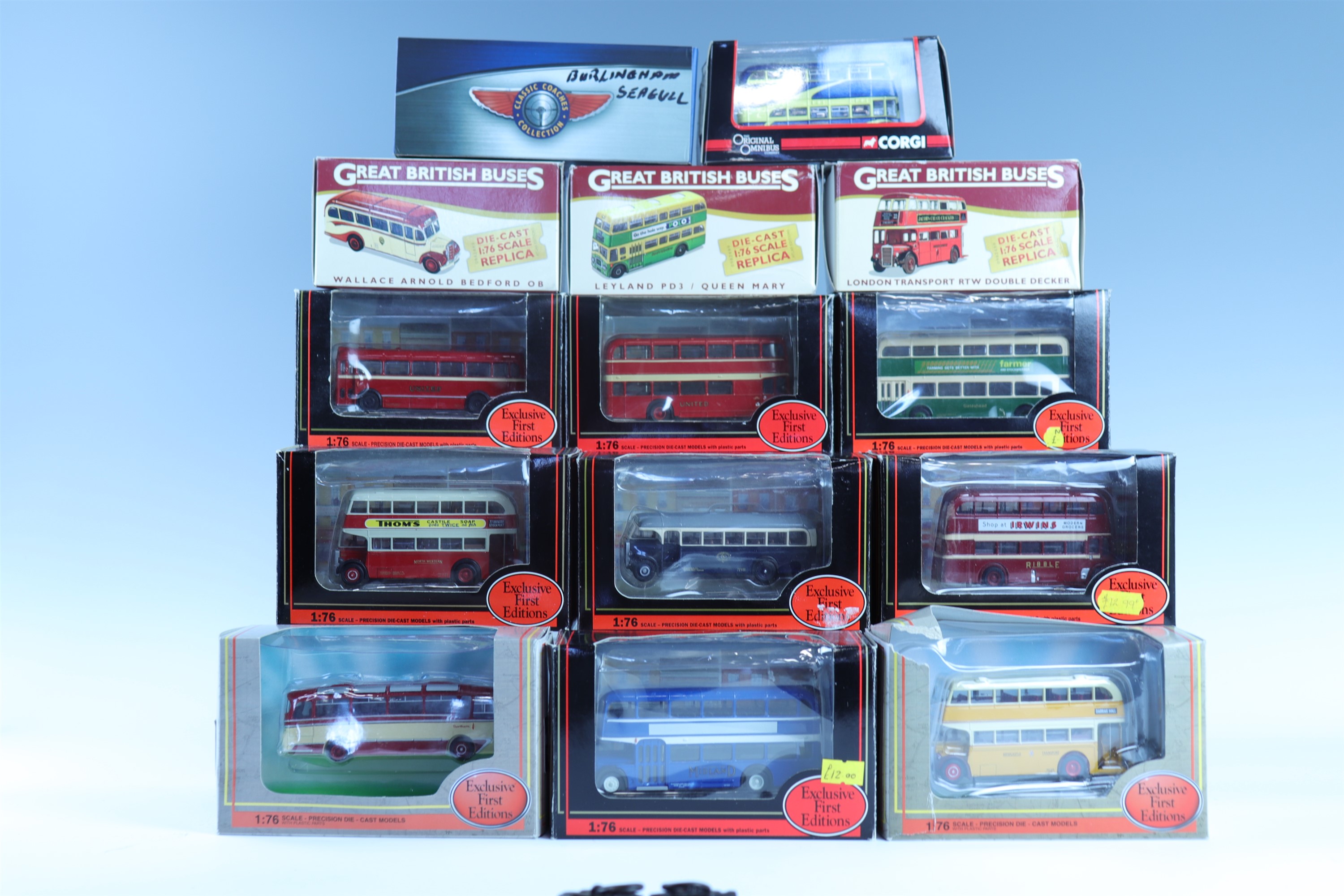 14 boxed die-cast model buses including Corgi Crossley DD42