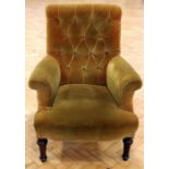 A Victorian upholstered rosewood lounge armchair, 77 cm x 98 cm high