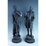 A pair of late 19th / early 20th Century spelter sculptures of poets, 60 cm, (one a/f)