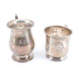 Two 20th Century silver christening mugs, bearing initials 'A.M.P.' and 'J.P.T', Sheffield, 1951 and