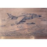 W H Gibson "Falklands Islands Task Force, 1982", etched copper plate, 1982, in wooden frame, 32 cm x