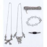 A group of vintage marcasite-set white metal and other jewellery comprising two necklaces, bracelets