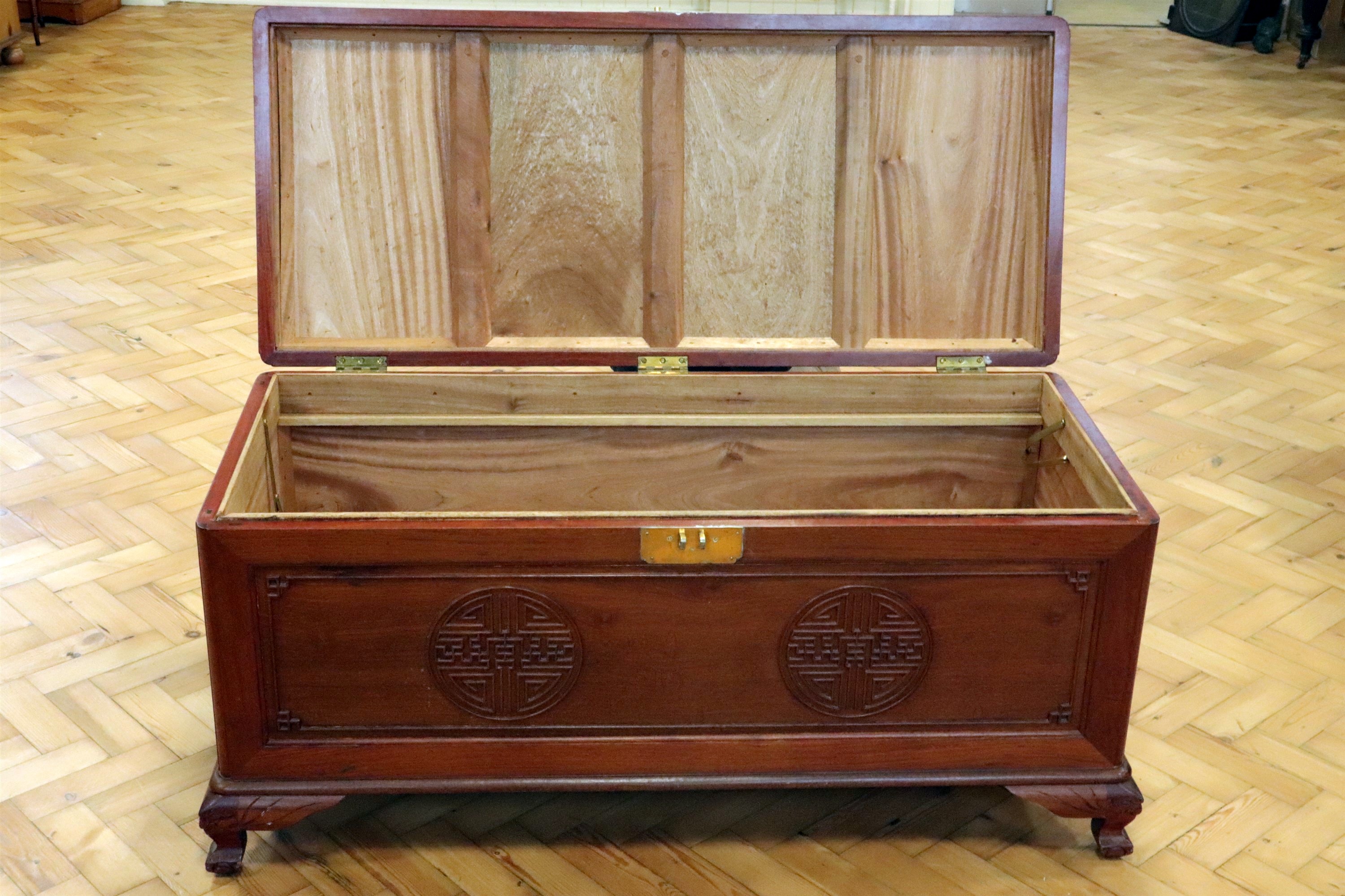 A mid-to-late 20th Century Chinese carved camphor wood chest, 123 cm x 53 cm x 60 cm high - Image 2 of 2