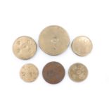 Six brass coin weights, measuring shillings, pennies, and grains