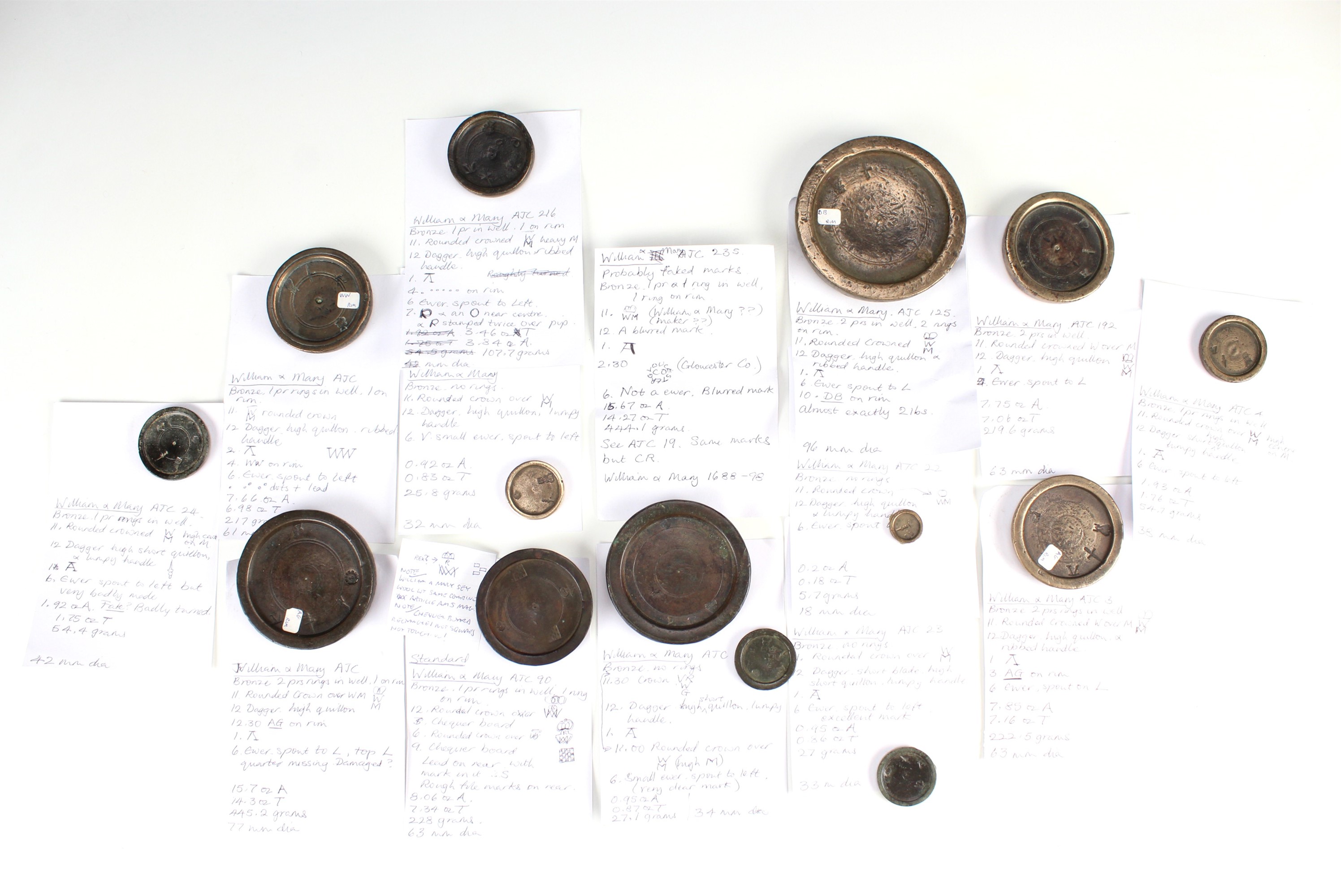 14 William and Mary bronze trade weights, including marks for 'Gloucester Co', and a chequerboard - Image 2 of 7