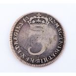 A William and Mary 1692 silver 3d coin