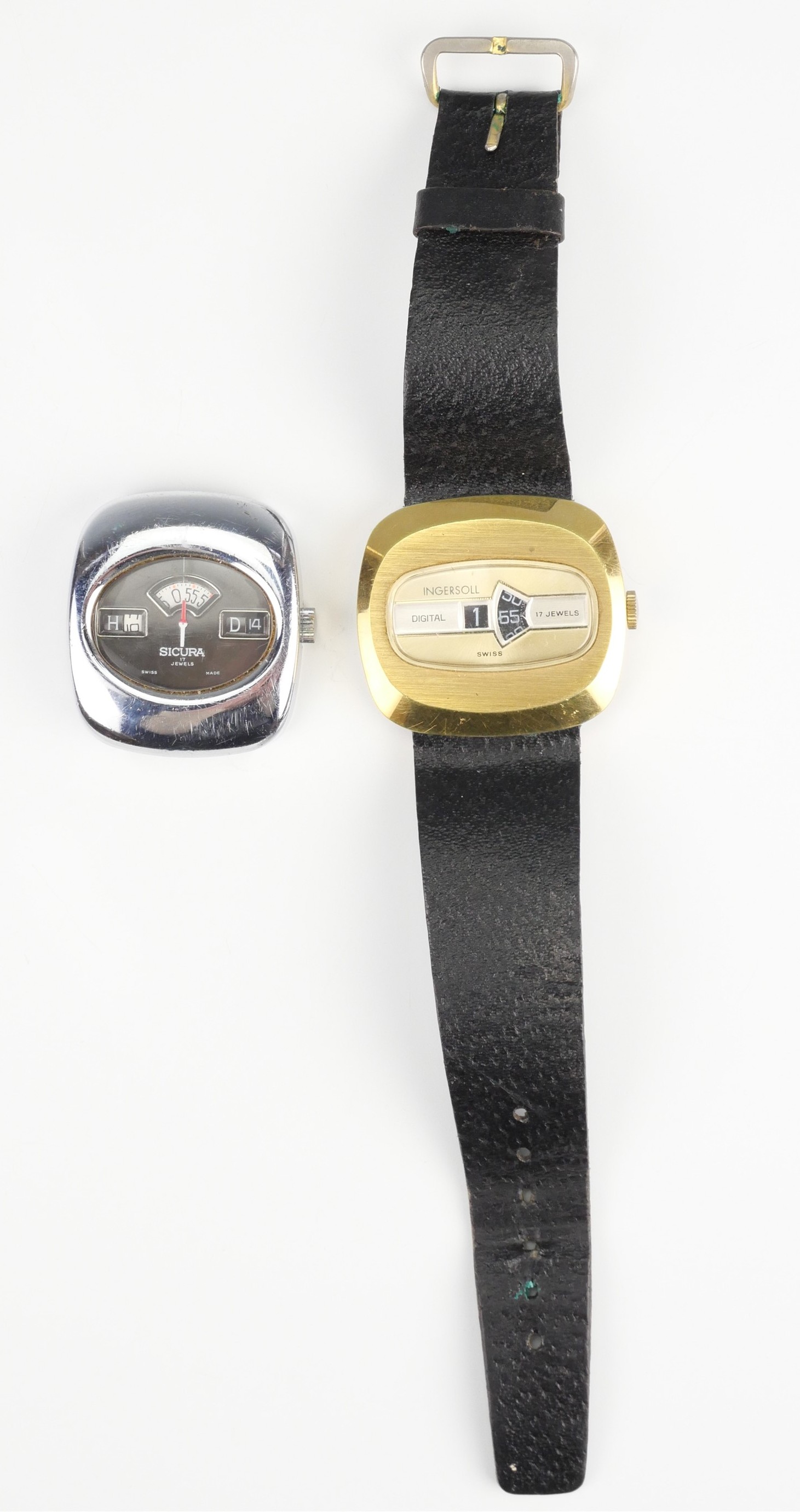 A 1970s Ingersoll "digital" jump hour 17 jewel wristwatch, together with a similar Swiss Sicura 17 - Image 3 of 3