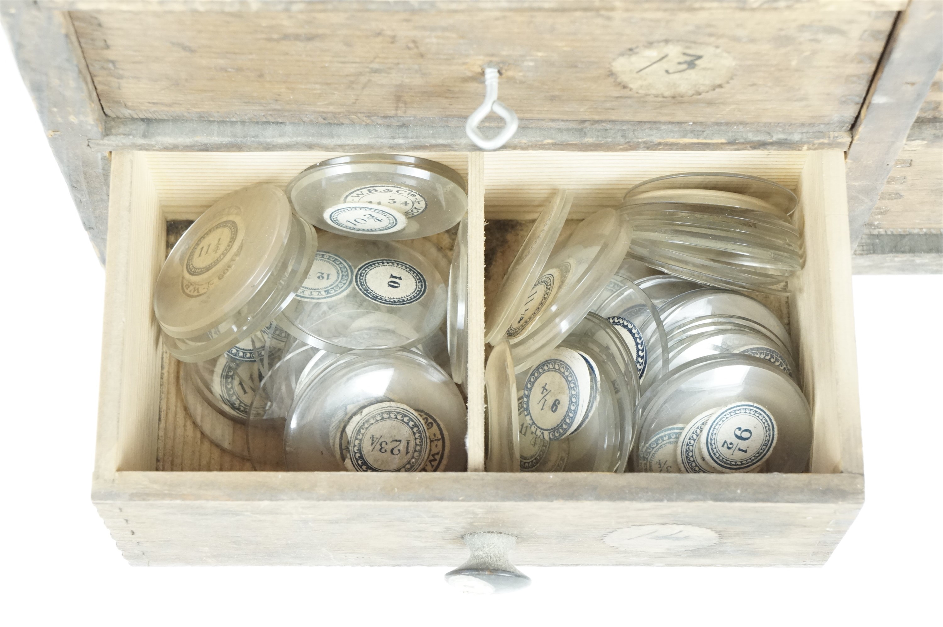 A set of watchmaker's pine watch glass drawers containing a large quantity of vintage watch glasses - Image 3 of 4