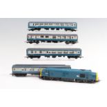 A Hornby model railway diesel electric locomotive together with four Inter-City carriages
