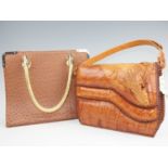 An American vintage alligator skin handbag, and a modern ostrich skin handbag, former 28 x 9 x 21