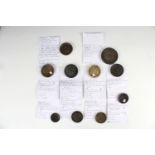 10 Charles II bronze trade weights, including four with lead adjustments, one bearing Victorian