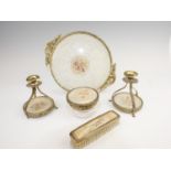 A brass mounted petit-point dressing table set, circa 1950s, tray 29 cm