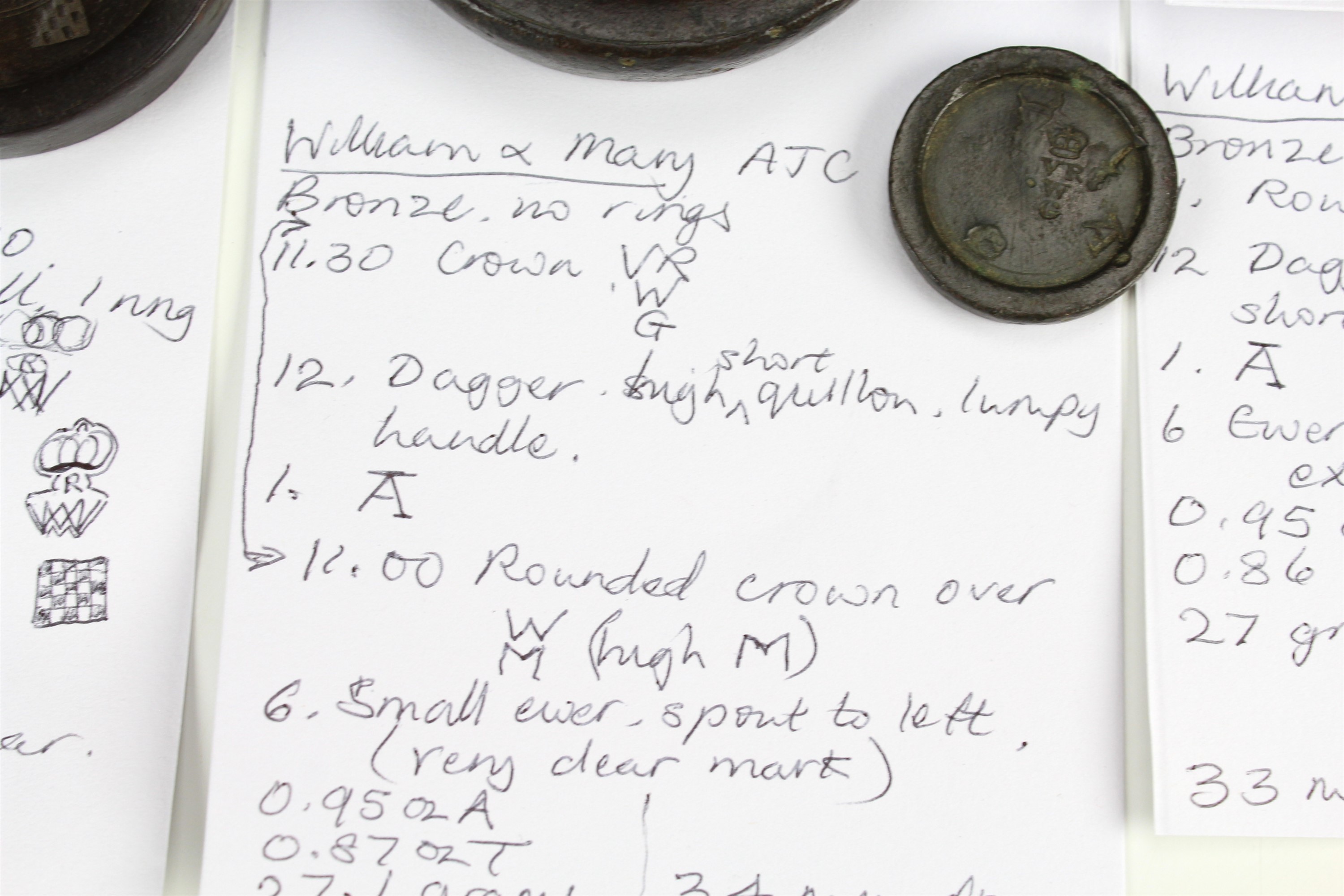 14 William and Mary bronze trade weights, including marks for 'Gloucester Co', and a chequerboard - Image 5 of 7