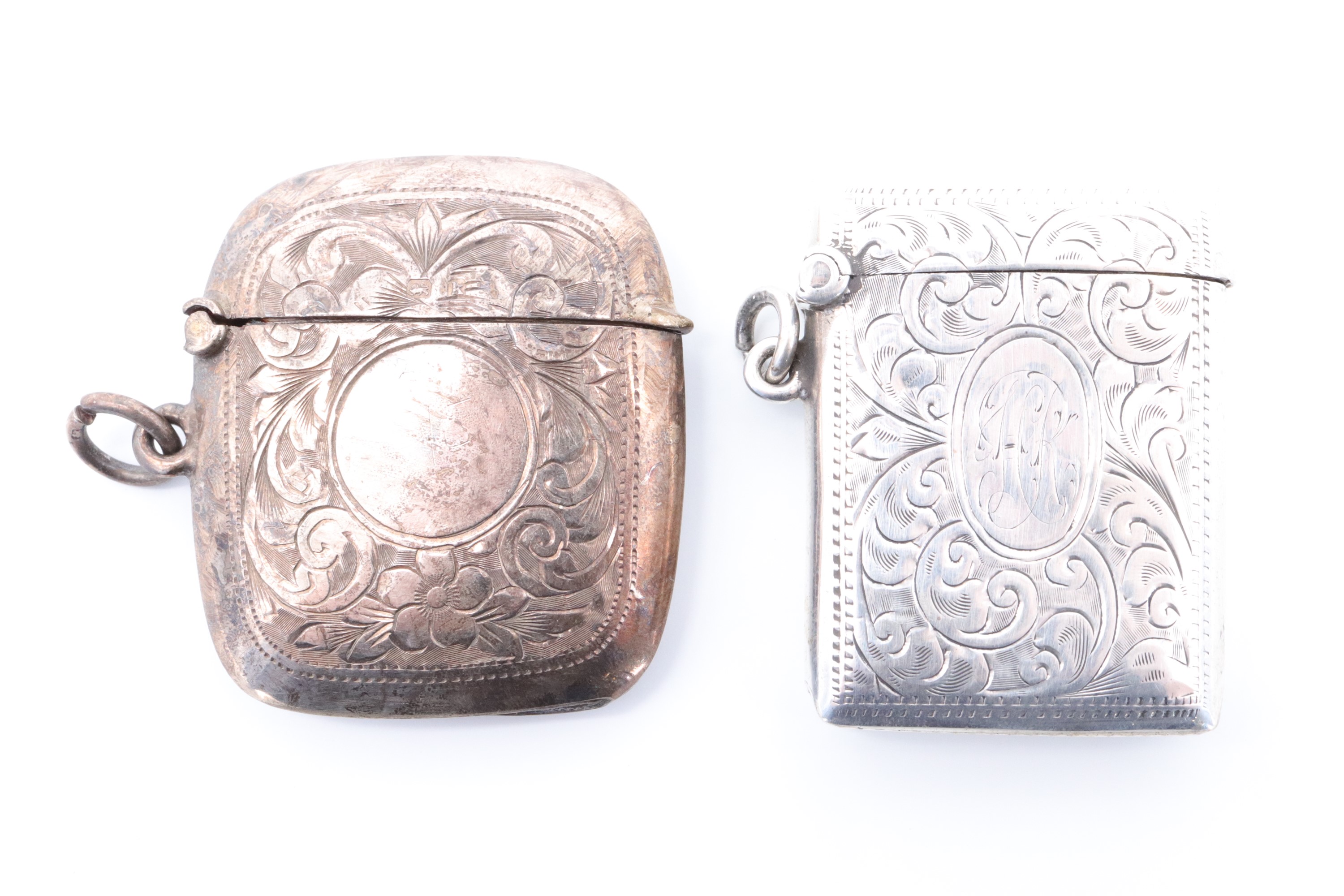 Two silver fob vesta cases, decorated with foliate scroll engraving, William Henry Sparrow,