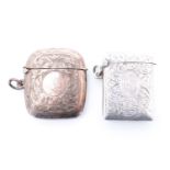 Two silver fob vesta cases, decorated with foliate scroll engraving, William Henry Sparrow,