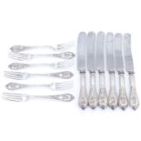 A set of six German 800 standard silver table forks and knives, Carl Mertens, late 19th / early 20th