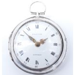 A George III white metal pair-cased verge pocket watch, the movement having square baluster pillars,