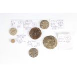 Six Medieval lead trade weights, disc and bun shaped having sun ray / star markings, 1.5 cm, 16 g to