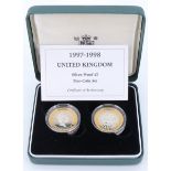 A Royal Mint Two Pound silver proof two coin set, comprising the years 1997 and 1998, cased with a