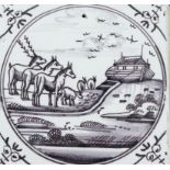 A Delft tile, decorated in depiction of Noah's Ark, in a later stained pine frame, overall 26 x 26 c