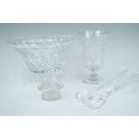 A Victorian wheel cut glass celery vase, together with a pressed glass cruet set in the form of a