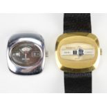 A 1970s Ingersoll "digital" jump hour 17 jewel wristwatch, together with a similar Swiss Sicura 17