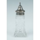 A 1920s silver mounted cut glass sugar caster, of lighthouse form, Saint Arnaud Creake, Sheffield,