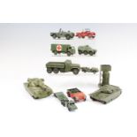 A small group of vintage play-worn diecast military vehicles, including Corgi, Dinky, Benbros, etc