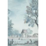 An early 19th Century watercolour depicting a riverside settlement with figures fishing and