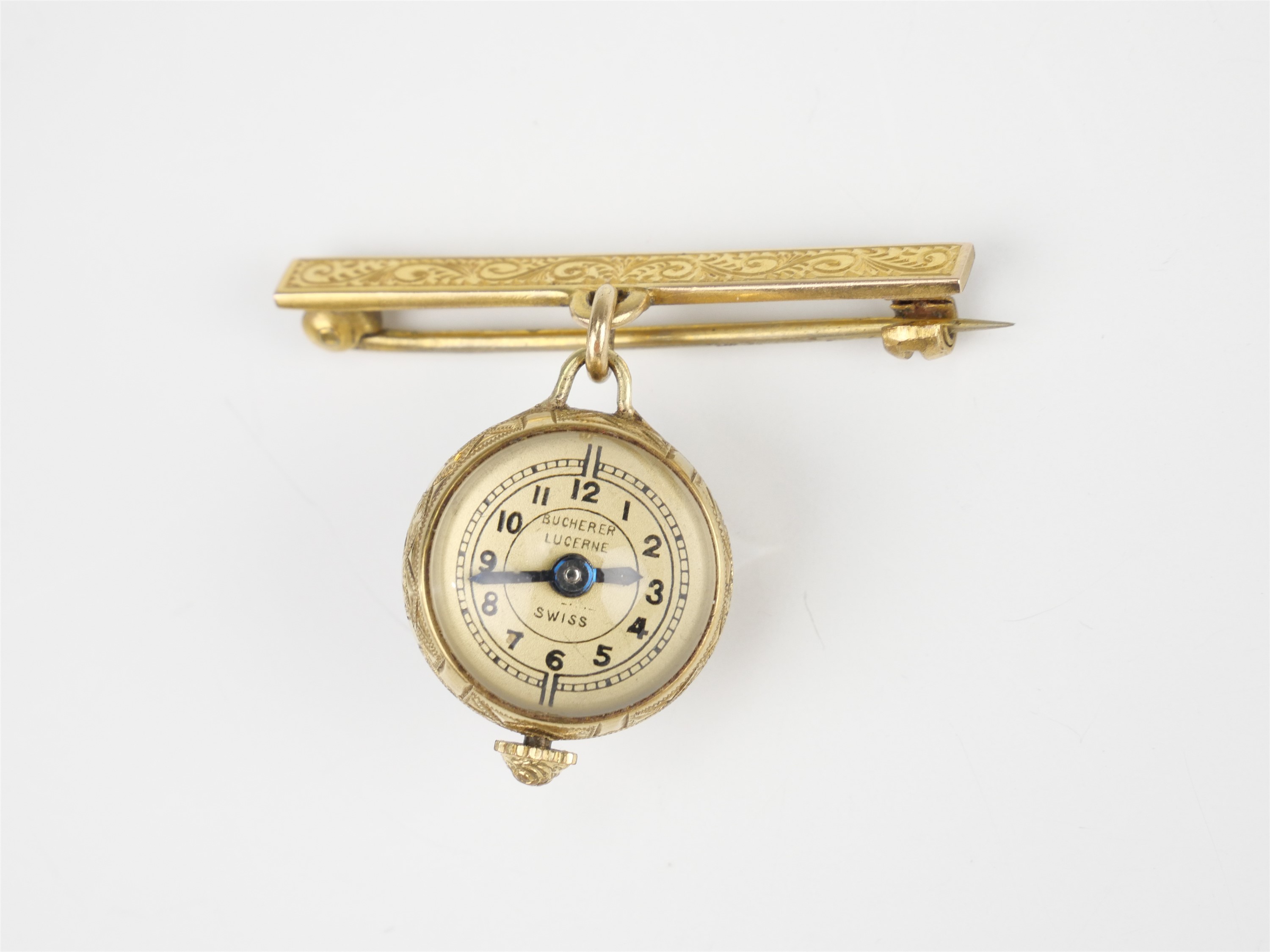 A Bucherer 9 ct yellow metal nurses' type fob "ball" watch, 8.7 g, (a/f)