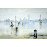 A serene, Turneresque watercolour of the Venetian skyline, depicting isolated figures on shore