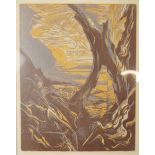 A linocut depicting a barren view from a rugged gorge, card mounted in frame under glass, 36 cm x 43